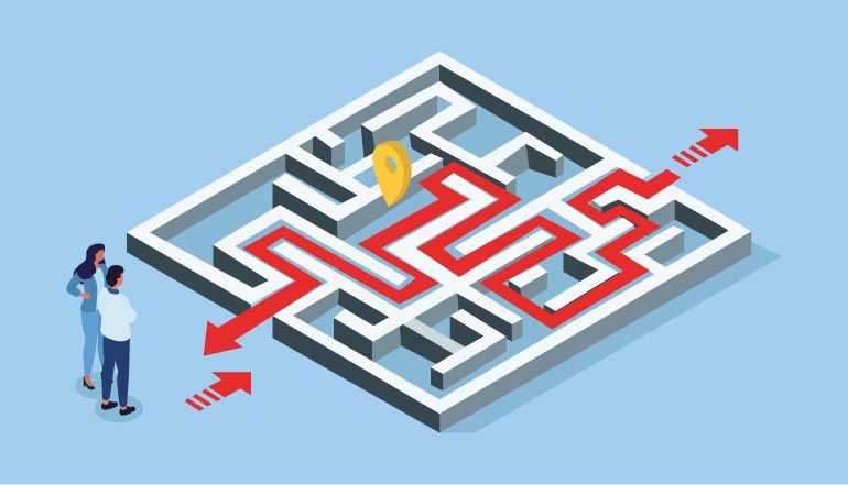 Man and Woman evaluating the difficulty of navigating a maze