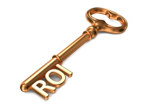 ROI - Golden Key on White Background. 3D Render. Business Concept.