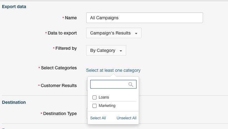 Export campaign data by selecting the desired categories to include